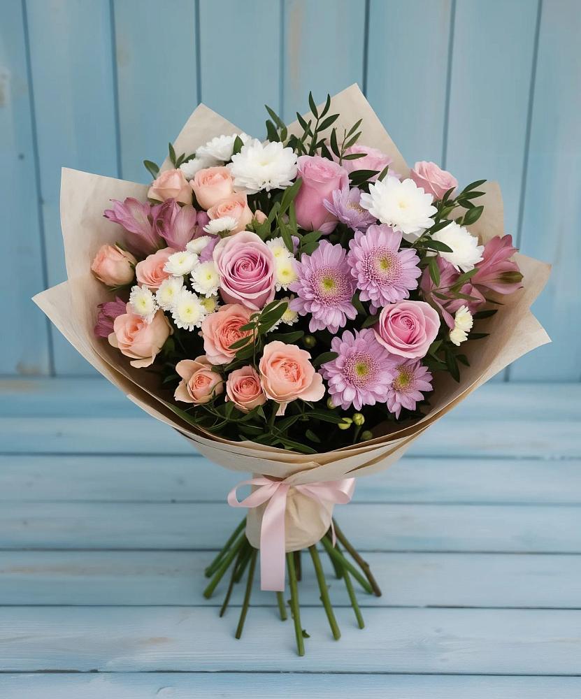 Букет цветов из: Хризантемы, Розы и Альстромерии в Кизеле