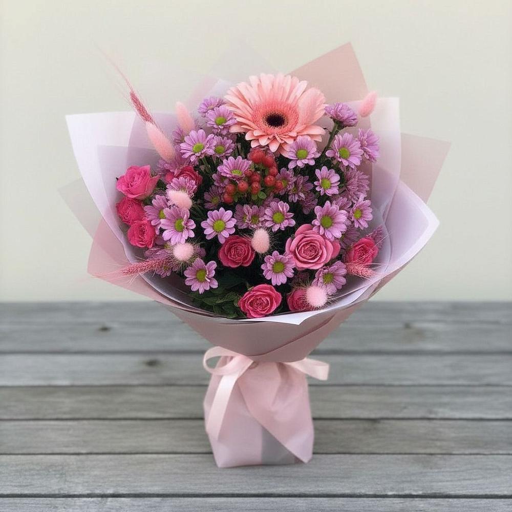 Букет цветов из: Розы, Герберы и Хризантемы в Кизеле