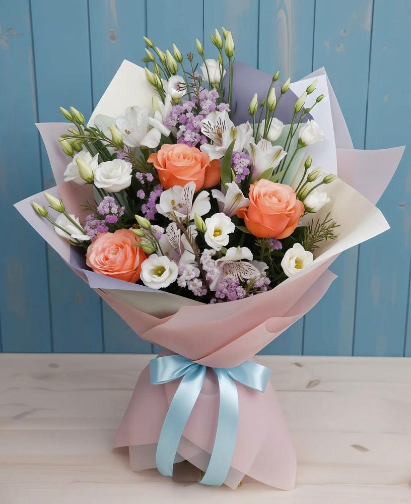 Букет цветов из: Лизиантусы, Розы, Альстромерии и Гипсофила в Кизеле
