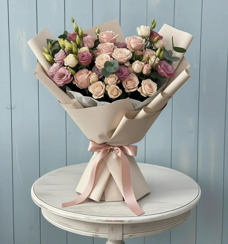 Букет цветов из: Розы и Лизиантусы в Кизеле