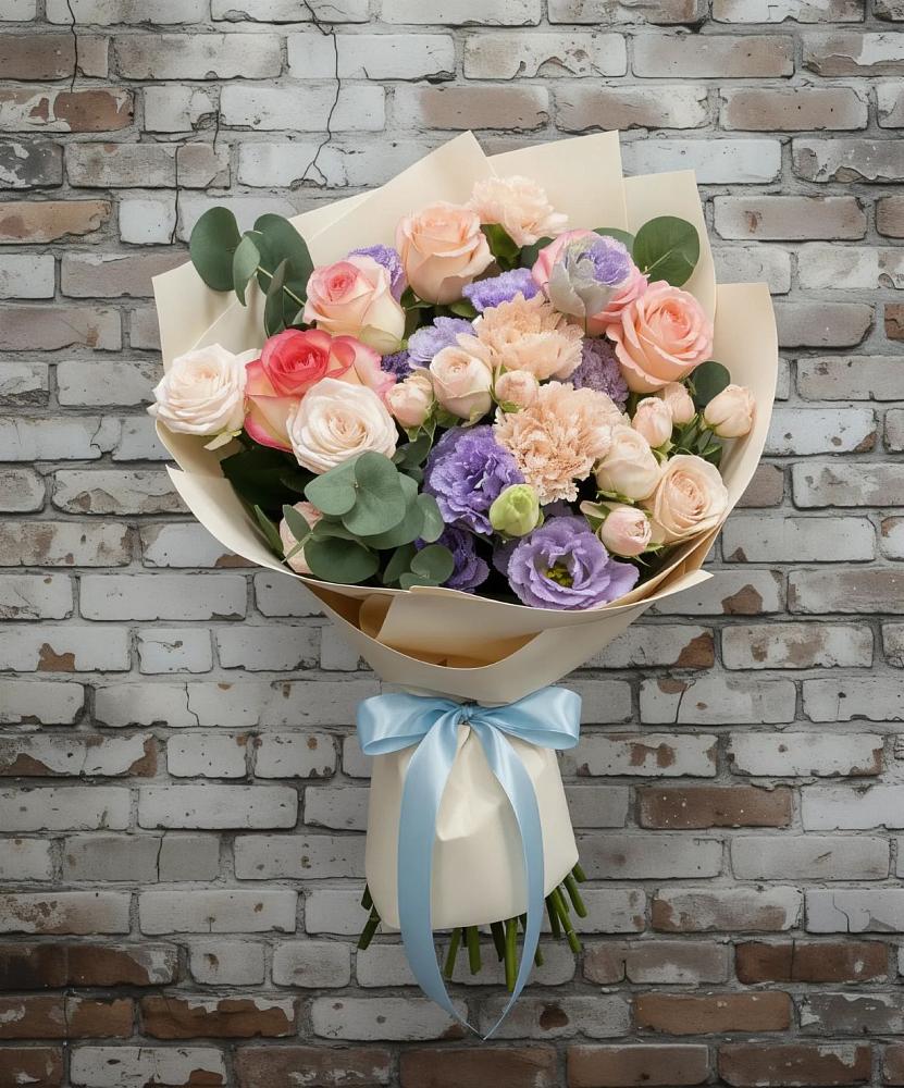 Букет цветов из: Розы, Лизиантусы и Гвоздики в Кизеле