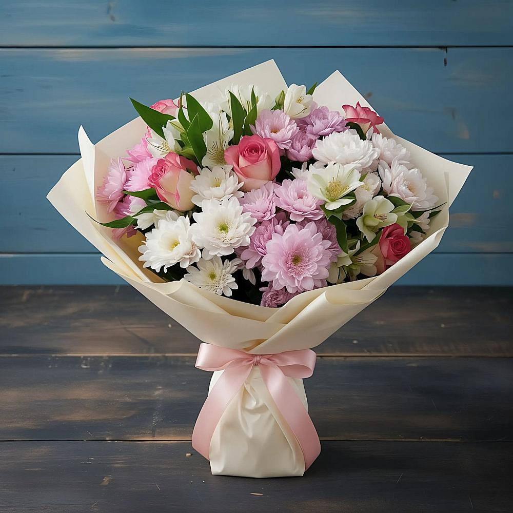 Букет цветов из: Хризантемы, Альстромерии и Розы в Кизеле